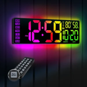 16.5" Digital Wall Clock With Remote, Dual Rgb Dynamic Backlight, Auto Dimming Led Clock With Date Temperature Humidity, Large Number Wall Mounted Clock For Home Office Classroom Gym Dorm Seniors