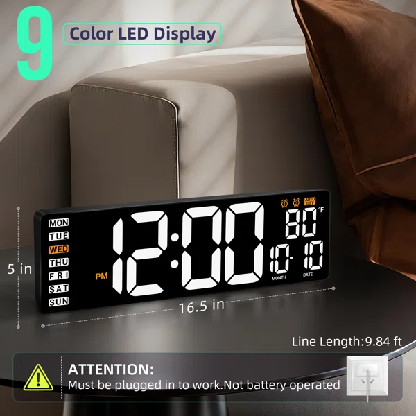 16.5" Large Digital Wall Clock With Remote Control, Auto-dimming Led Display With Date Temp, Big Number Wall Mount Decor Clock For Seniors, Classroom, Dorm, Home, Office, Gym White - Image 2