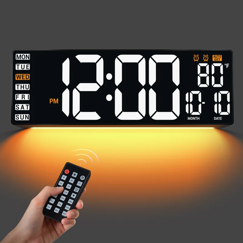 16.5" Large Digital Wall Clock With Remote Control, Auto-dimming Led Display With Date Temp, Big Number Wall Mount Decor Clock For Seniors, Classroom, Dorm, Home, Office, Gym White