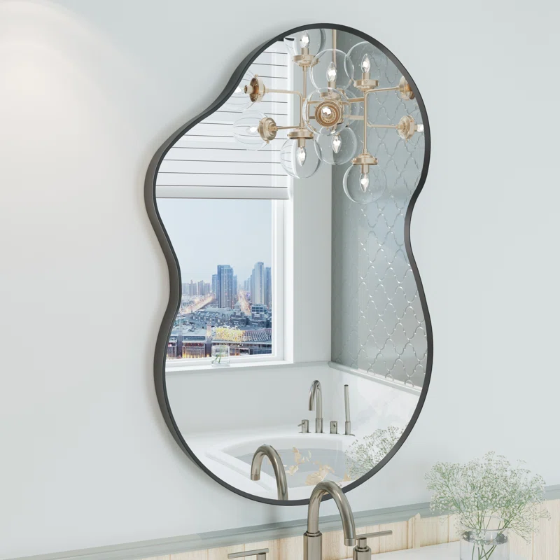 Amara Irregular Tempered Glass and Aluminum Alloy Framed French Cleat Mounted Wall Mirror